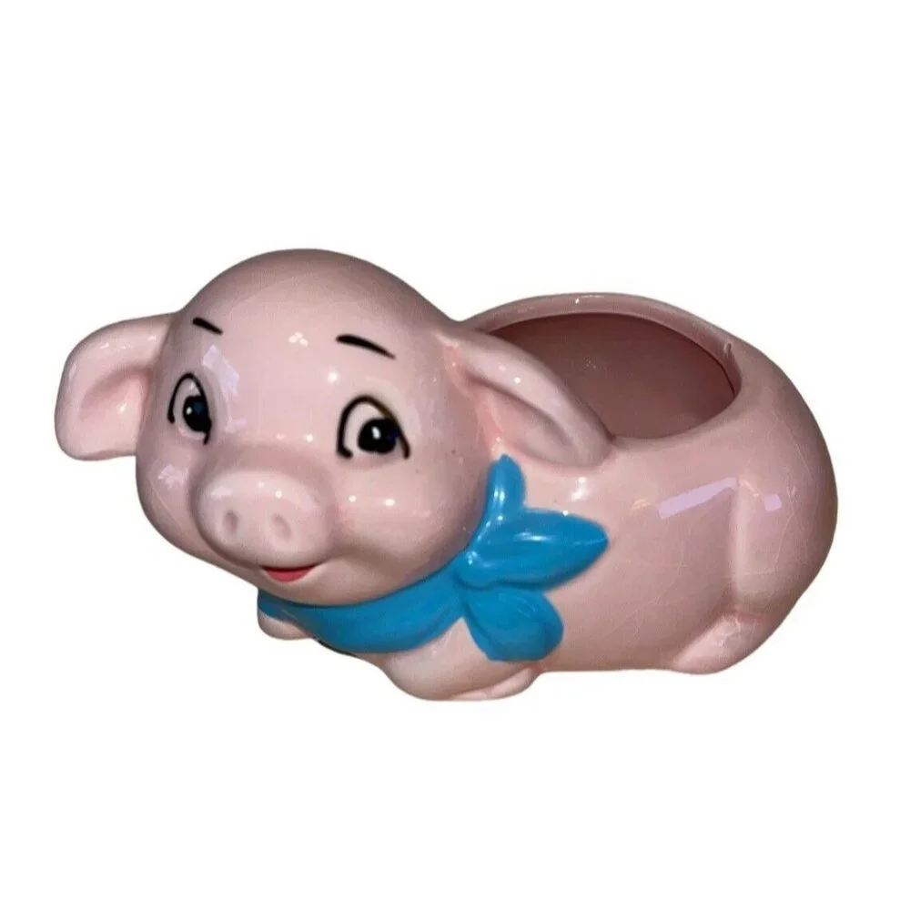 Pink Whimsical Happy Farmhouse Anthropomorphic Smiling Baby Pig Vintage Planter